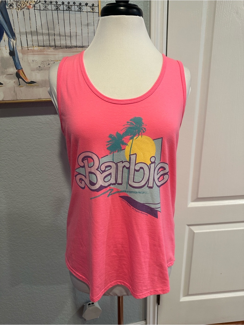 Mattel Barbie Sz Large Neon Pink Palm Sunset Graphic Tank • NEW!
